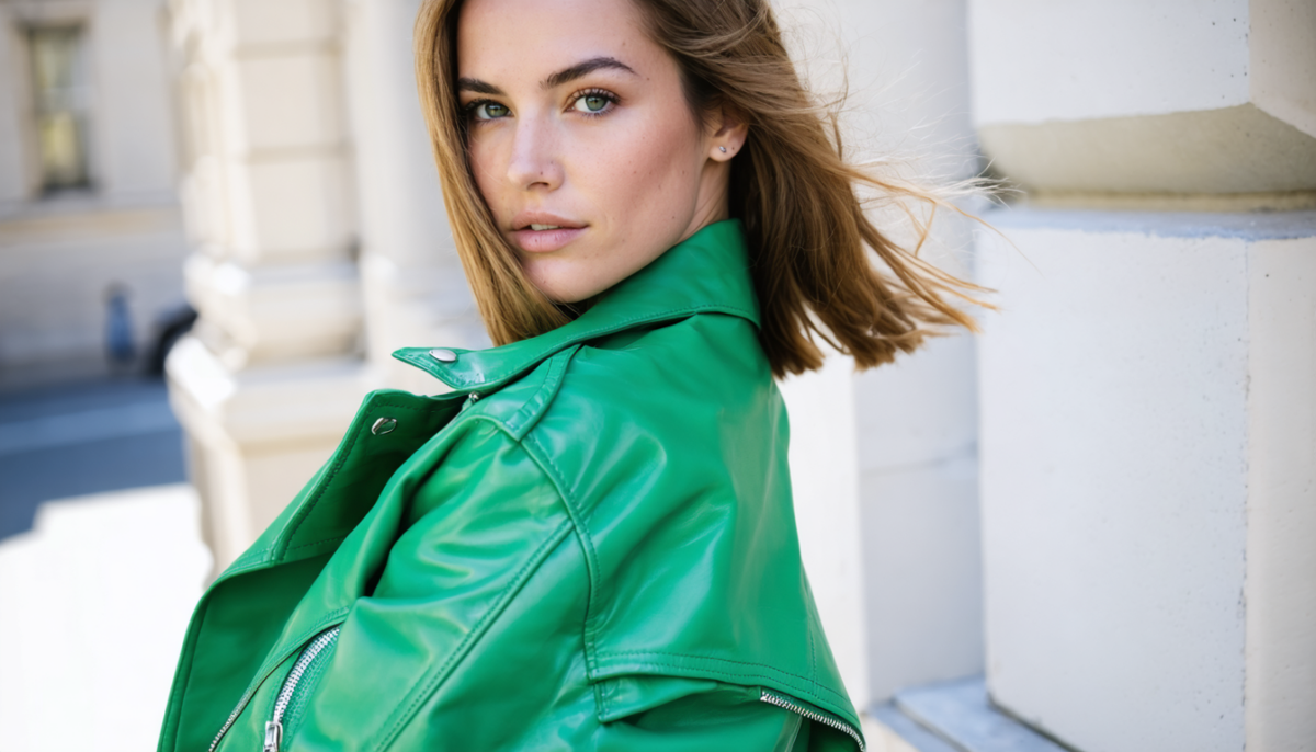 découvrez le look incontournable de la semaine avec kate moss qui sublime son perfecto vert dans une photo pleine de style et d'élégance.